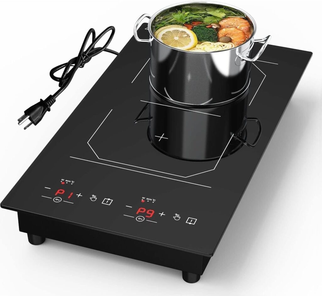 Double Induction Cooktop,12 Inch Built-in Radiant Induction Stove Top,110V 2300W Electric burner,9 Heating Level, Timer & Kid Safety Lock, Sensor Touch Control 2 burner Cooktop