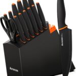 Knife Set, Astercook 15 Pcs Dishwasher Safe Kitchen Knife Set with Built-in Sharpener, High Carbon German Stainless Steel Black Knife Block Set