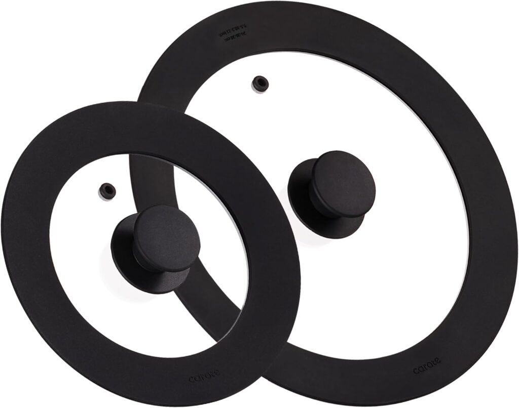 CAROTE 2 PCS Universal Silicone Lid for Pots, Pans and Skillets, Pot Lid With Heat Resistant Silicone Rim and Tempered Glass, Black(6″+7″+8″+ 9.5″+10″+11″)