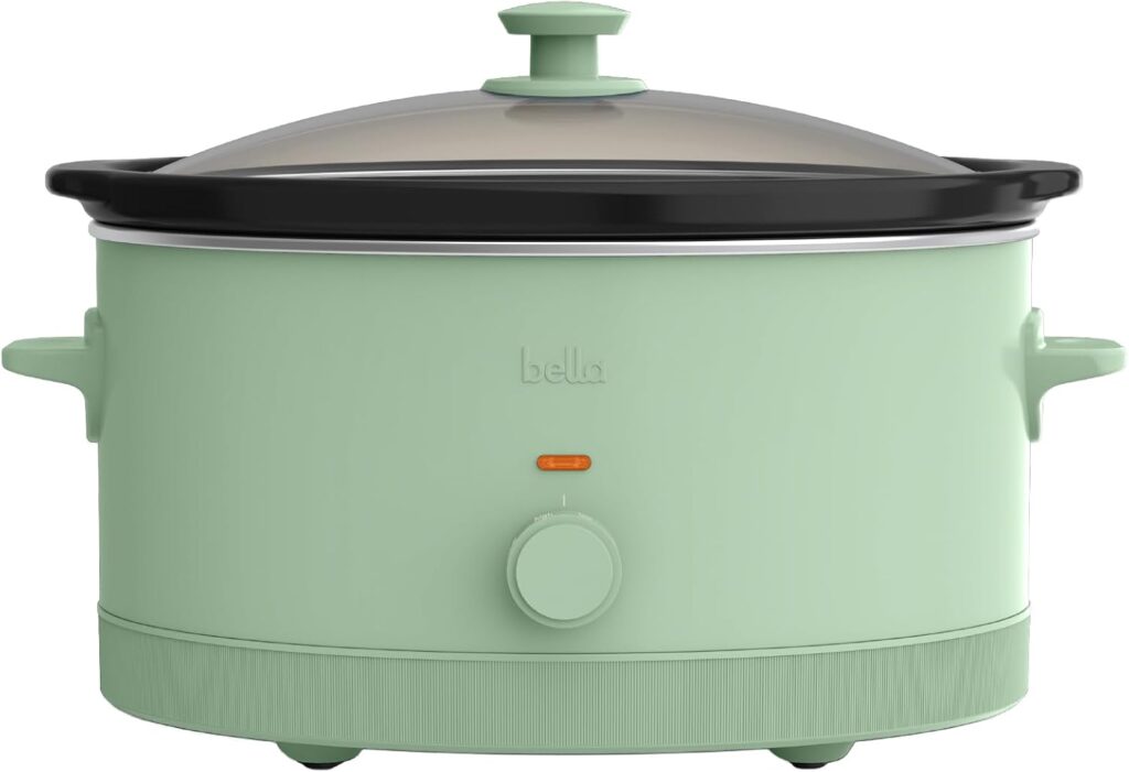 bella 6.0 Qt Manual Slow Cooker, Ceramic Nonstick Coating, 3 Temperature Settings, Dishwasher Safe Stoneware Pot and Tempered Glass Lid, Cool Touch Handles & Tangle Free Cord Wrap, Seaglass