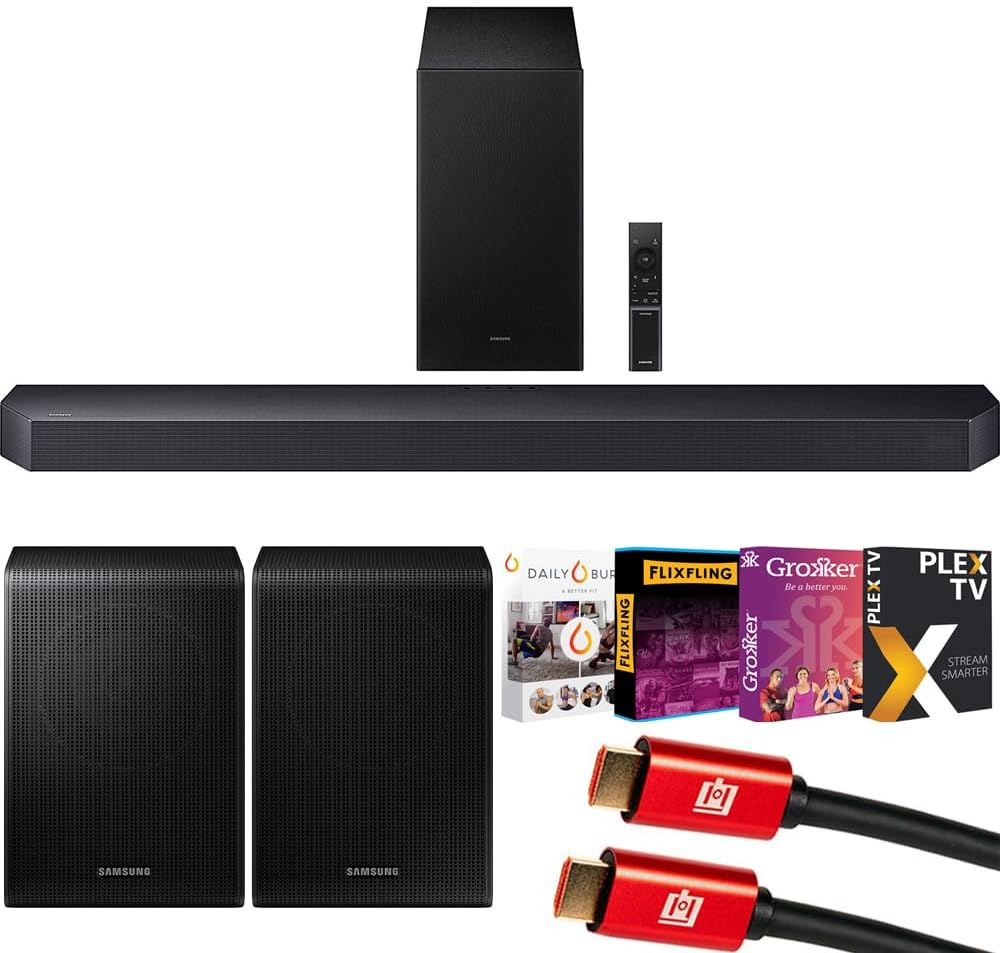 Samsung HW-Q600F 3.1.2ch Soundbar and Subwoofer (2025) Q-Symphony Bundle with SWA-9250S Wireless Rear Speaker Kit, Tech Smart USA Premiere Movies Streaming and 2X 4K HDMI Cable