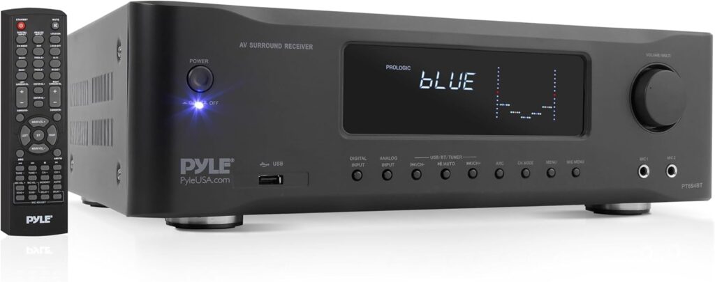 Pyle 5.2-Channel Hi-Fi Bluetooth Stereo Amplifier – 1000 Watt AV Home Theater Receiver w/ FM Radio, USB, RCA, Hi Def in, MIC IN, Wireless Streaming, 4K UHD TV, 3D, Blu-Ray – PT694BT