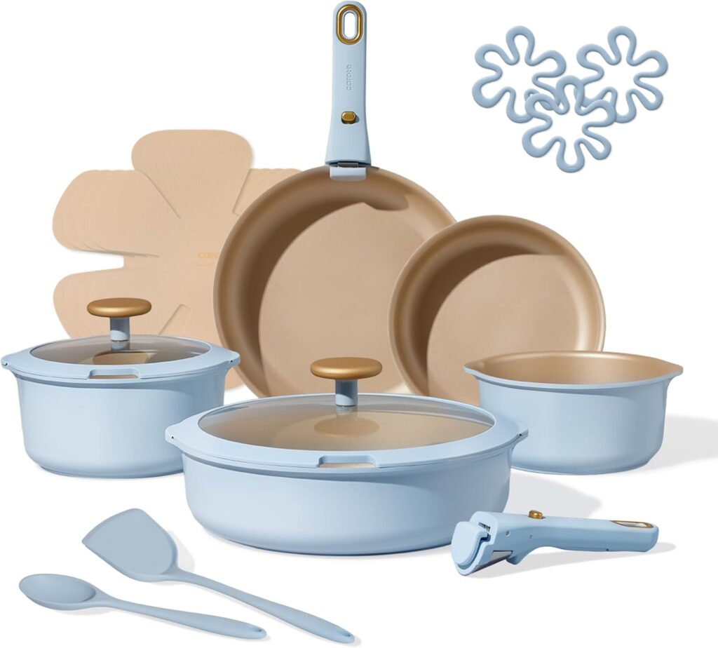 CAROTE 18Pcs Titanium Reinforced Nonstick Pots and Pans Set, Non-Stick Cookware Set with Detachable Handle, Induction Kitchen Cookware Sets, PFOS, PFOA Free, RV Cookware Set, Oven Safe, Blue
