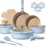 CAROTE 18Pcs Titanium Reinforced Nonstick Pots and Pans Set, Non-Stick Cookware Set with Detachable Handle, Induction Kitchen Cookware Sets, PFOS, PFOA Free, RV Cookware Set, Oven Safe, Blue