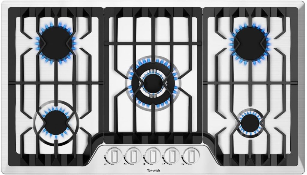 36 Inch Gas Cooktop, Propane Stove Top with 5 ITALY SABAF Sealed Burners 41,800BTU, NG/LPG Convertible Built-in Stainless Steel Stovetop with Thermocouple Protection for Rvs Kitchen Outdoor