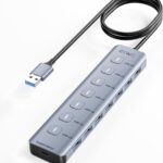 7-Port USB 3.0 Hub — Aluminum Alloy 7X USB-A Ports with Independent On/Off Switches & LED Indicators, 5Gbps High-Speed, 1m Cable, Plug & Play for Laptop Desktop Mac Windows