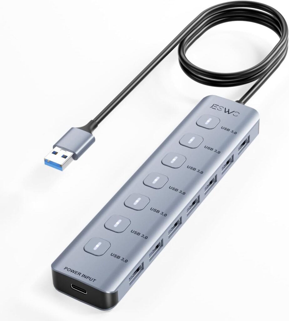7-Port USB 3.0 Hub — Aluminum Alloy 7X USB-A Ports with Independent On/Off Switches & LED Indicators, 5Gbps High-Speed, 1m Cable, Plug & Play for Laptop Desktop Mac Windows