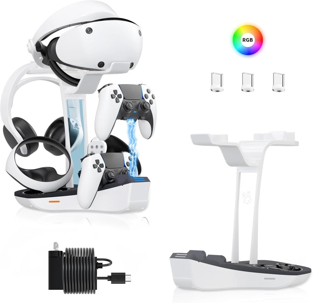 AceGamer Dual Charging Station for PS5 and VR2 Controllers, 4-In-1 Charging Dock for PS VR2 with VR Headset Display Stand, Headphone Holder, LED Lights & 3*Magnetic Connectors, Electronics Accessories