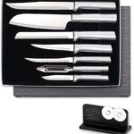 Rada Cutlery 7-piece Starter Knife Gift Set (S38) with Quick Edge Sharpener (R119), Stainless Steel Hollow Ground Blades, Made in USA, Silver Handles