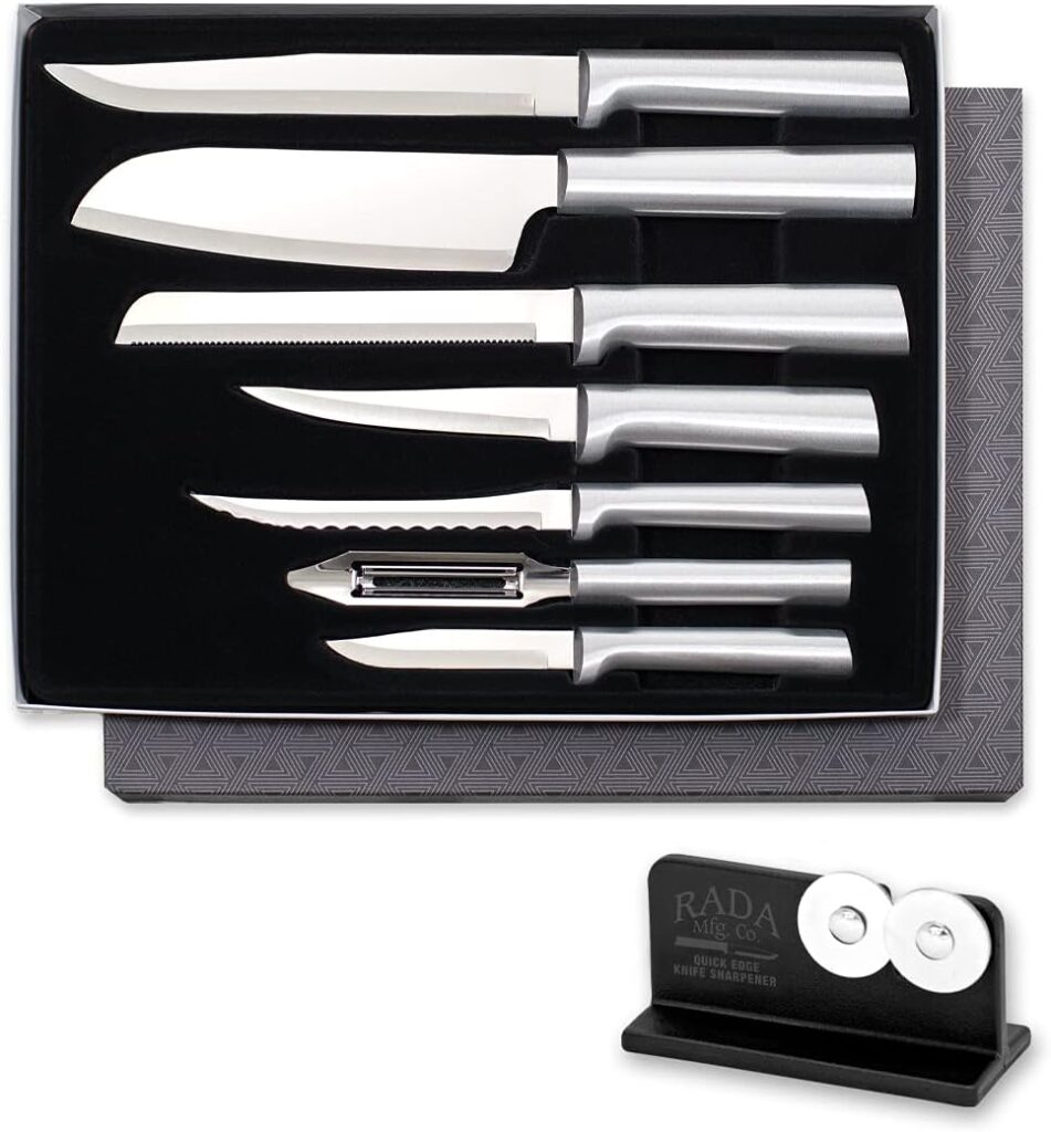 Rada Cutlery 7-piece Starter Knife Gift Set (S38) with Quick Edge Sharpener (R119), Stainless Steel Hollow Ground Blades, Made in USA, Silver Handles