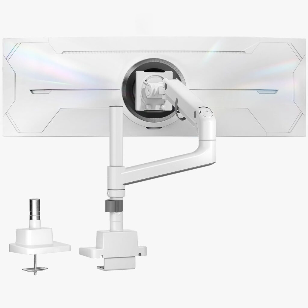 monTEK 17-57 Inch Ultrawide Monitor Arm for Up to 59.4lbs Screens, Aluminum Heavy-Duty Gas Spring Single Curved Screen Adjustable Monitor Stand,75/100mm Vesa Mount, White