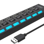 Multi Port Splitter, 7 Port USB 2.0 Hub, USB A Port Data Hub with Independent On/Off Switch and LED Indicators, Lights for Laptop, PC, Computer, Mobile HDD, Flash Drive and More (Black 2.0)