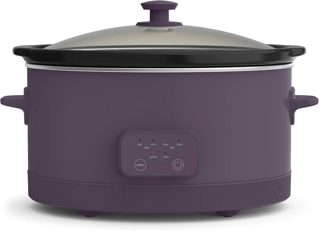 bella 6.0 Qt Programmable Slow Cooker, Ceramic Nonstick Coating, Adjustable Temperature & Cooking Times, Dishwasher Safe Stoneware Pot & Tempered Glass Lid, Tangle Free Cord Wrap, Plum