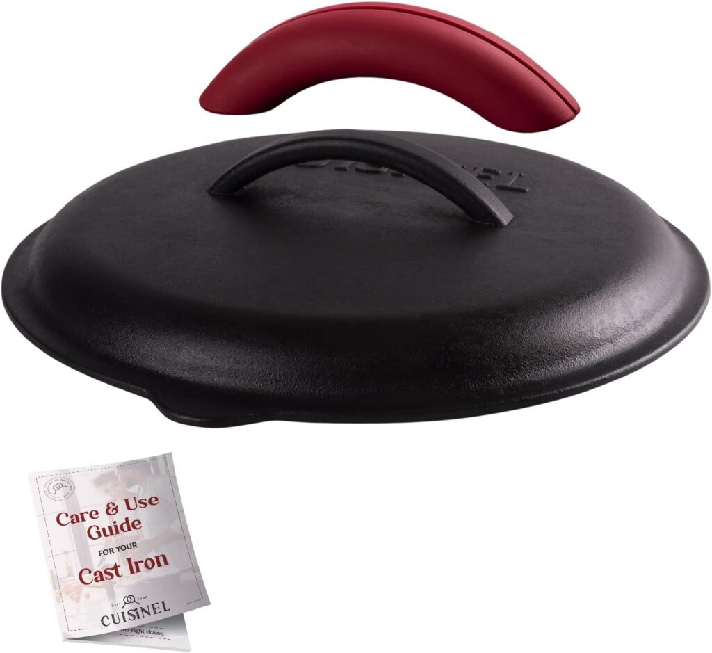 Cuisinel Cast Iron Lid – Fits 12″-Inch / 30.48-cm Lodge Skillet Frying Pans or Braiser + Silicone Handle Holder + Care Guide – Pre-Seasoned Replacement Cover – Indoor/Outdoor, Oven, Fire, BBQ Safe
