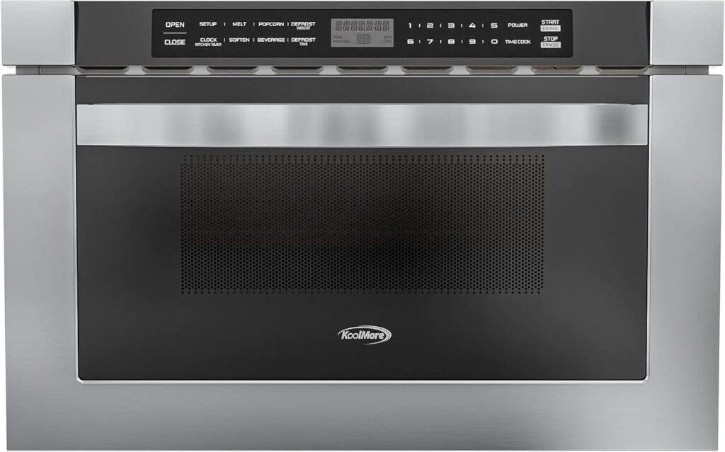 KoolMore KM-MD-1SS 24 Inch Stainless-Steel Microwave Drawer Capacity, 1000W Power with 10 Custom Cooking Levels, Memory, and Timer Functions, Wall-Mounted with Flat Bottom, 24 in/1.2 Cu. Ft