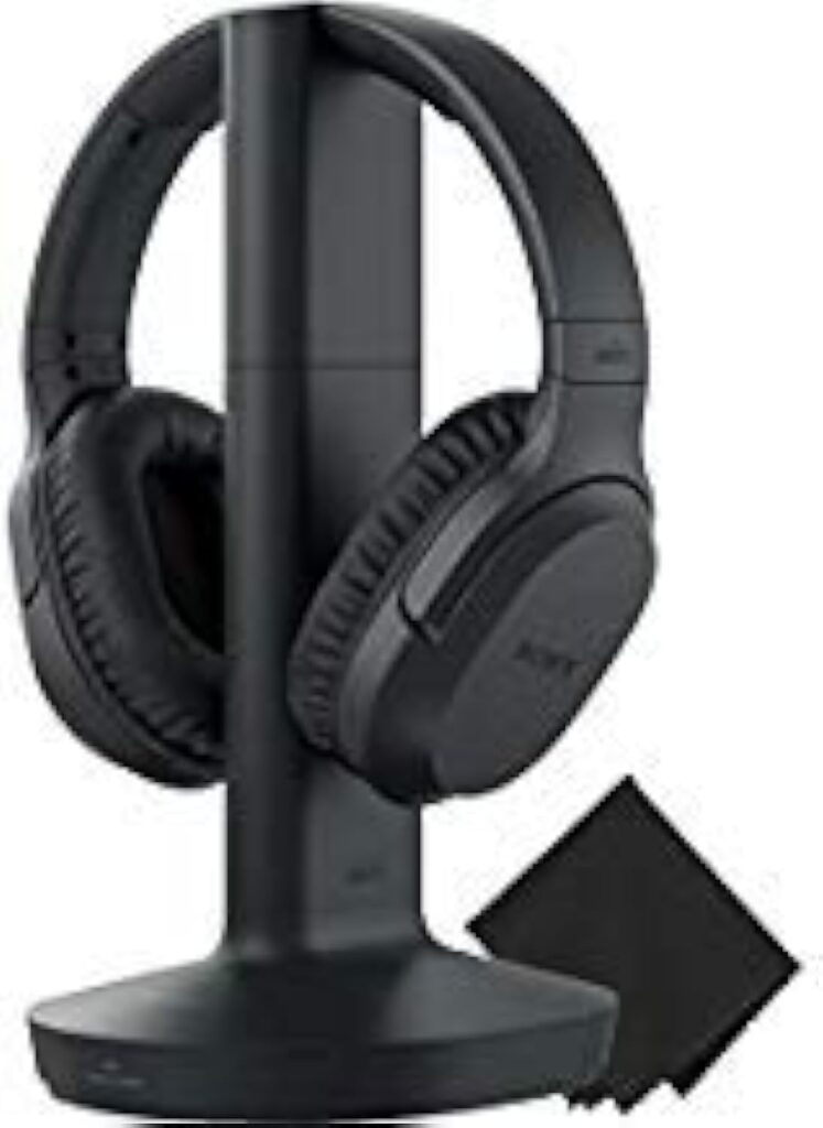 Sony Wireless RF Home Theater TV Headphones with Transmitter – 150-ft Wireless Range, Up to 20 Hours of Play Time (Black) & Zonoz Microfiber Cleaning Cloth Bundle