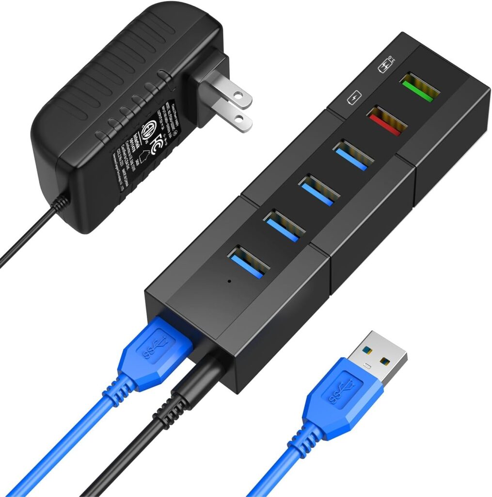 Powered USB 3.0 Hub, RAOYI 6 Ports High Speed USB 3.0 Hub Splitter with 24W Power Adapter, 3.3ft Cable and Smart Fast Charger USB Hub for for Laptop, PC, Mac, Mobile HDD, Mulitple Devices (Black)