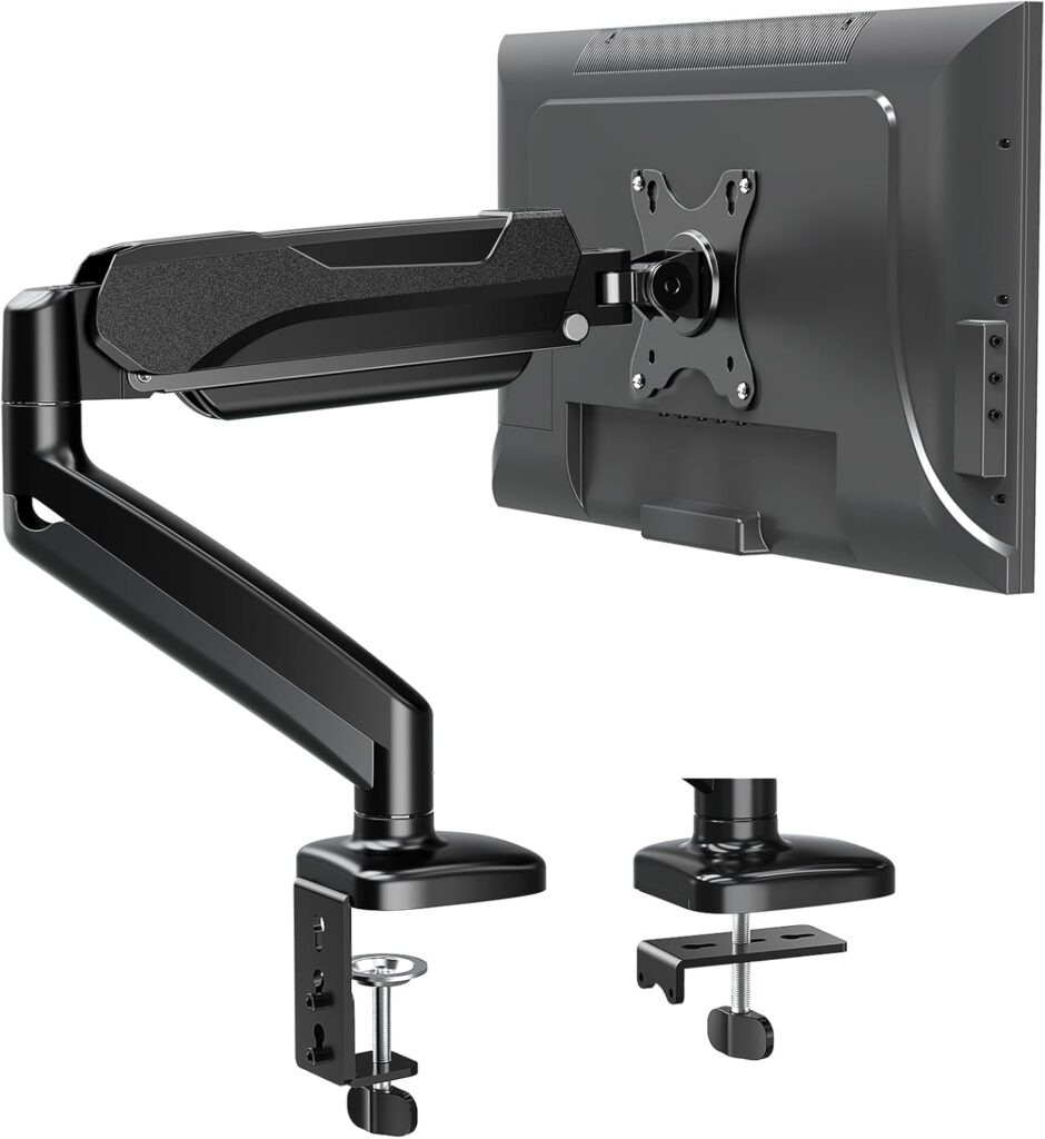 MOUNTUP Single Monitor Desk Mount Holds Screen up to 32 inch, Adjustable Gas Spring Monitor Arm, Computer Monitors Stand with Clamp/Grommet Mounting Base, VESA Mounts Fit 4.4-17.6lbs Computer, Black