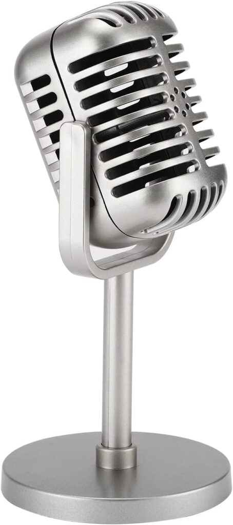 Facmogu Classic Retro Style Microphone Prop with Stand, Fake Vintage Microphone Decor for Party Decorations – Silver