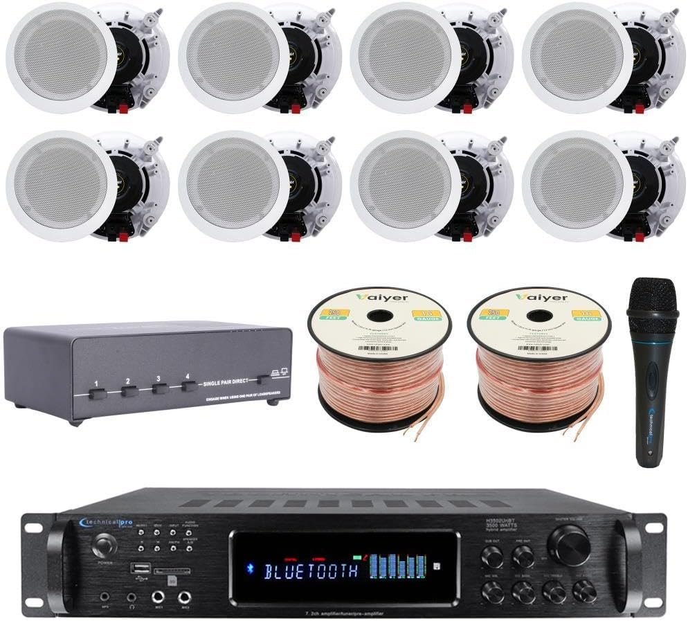 Vaiyer Home Theater System Kit – 7.2 Channel 3500 Watts Bluetooth Amplifier w/ 8 Qty of 5.25″ Framed Ceiling Speakers 175W Each, 4-Ch Speaker Selector, Mic, 16 AWG 500 ft Speaker Wire & Remote