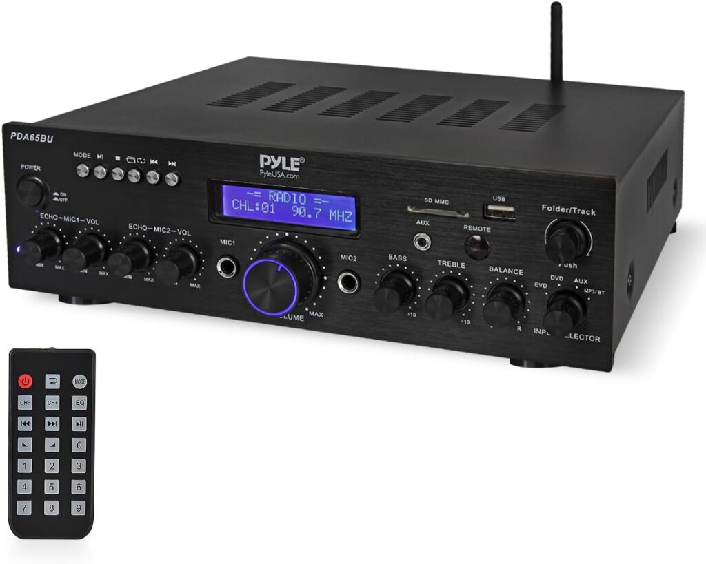 Pyle 200W Wireless Bluetooth Power Amplifier – Dual Channel Stereo Receiver with USB Flash Reader – SD Card – AUX – MIC IN w/ Echo – Radio – Home Theater – Studio Use – RCA Output – PDA65BU