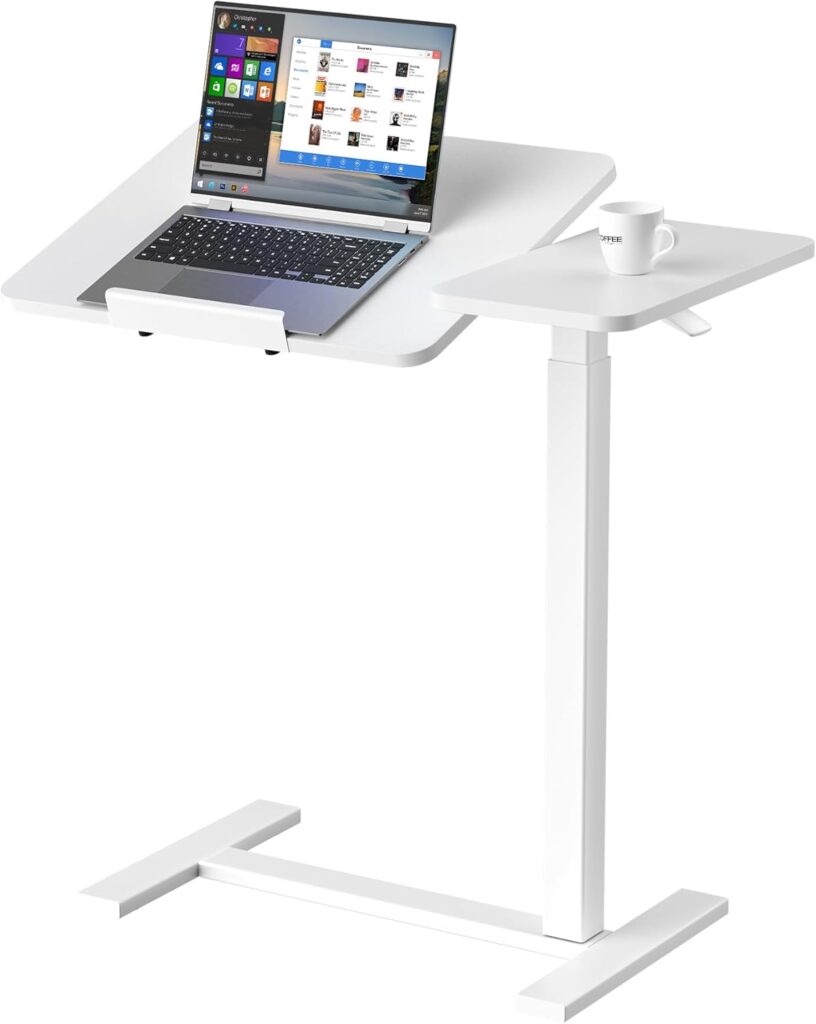 Sweetcrispy Small Standing Desk Rolling Table Adjustable Height, Laptop Mobile Stand with Wheels, Portable Computer Workstation with Tiltable Desktop for Teacher Classroom Home Office, White
