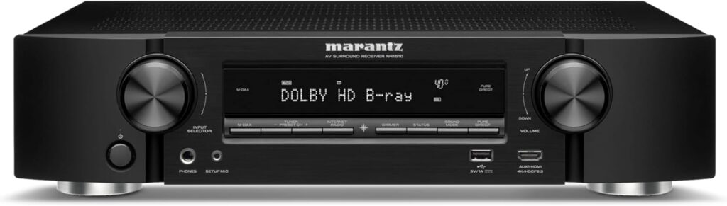 Marantz NR1510 UHD AV Receiver – Slim 5.2 Channel Home Theater Amplifier, Dolby TrueHD and DTS-HD Master Audio | Alexa Compatible | Stream Music via Wi-Fi, Bluetooth and HEOS Black