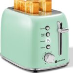 Aigostar Toaster 2 Slice Retro Toaster Stainless Steel, 1.6 inch Extra Wide Slots Bread Toaster Bagel, Cancel, Defrost Function, 6 Shade Settings & Removable Crumb Tray for Bread Waffle, Aqua Green