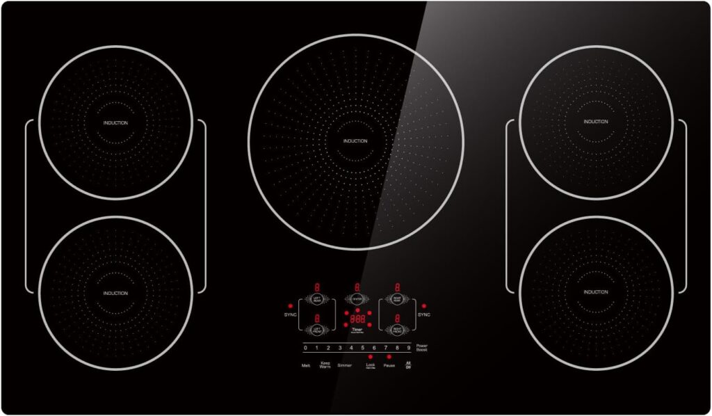 36 Inch Induction Cooktop 5 Burners, Flat Glass Top Electric Stove Hob with Bridge-SYNC, 3 Preset Modes Booster, Timer, Pause, Child Lock, Drop in, 208~240V/50A, Black