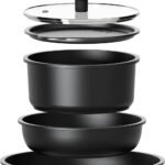CAROTE 6pcs Pots and Pans Set Non Stick, Cookware Sets, Kitchen Set, Oven/Fridge Safe, Space Saving Pots Set, Nonstick Cooking Set with Versatile Detachable Handle, Induction RV Set, Jet Black