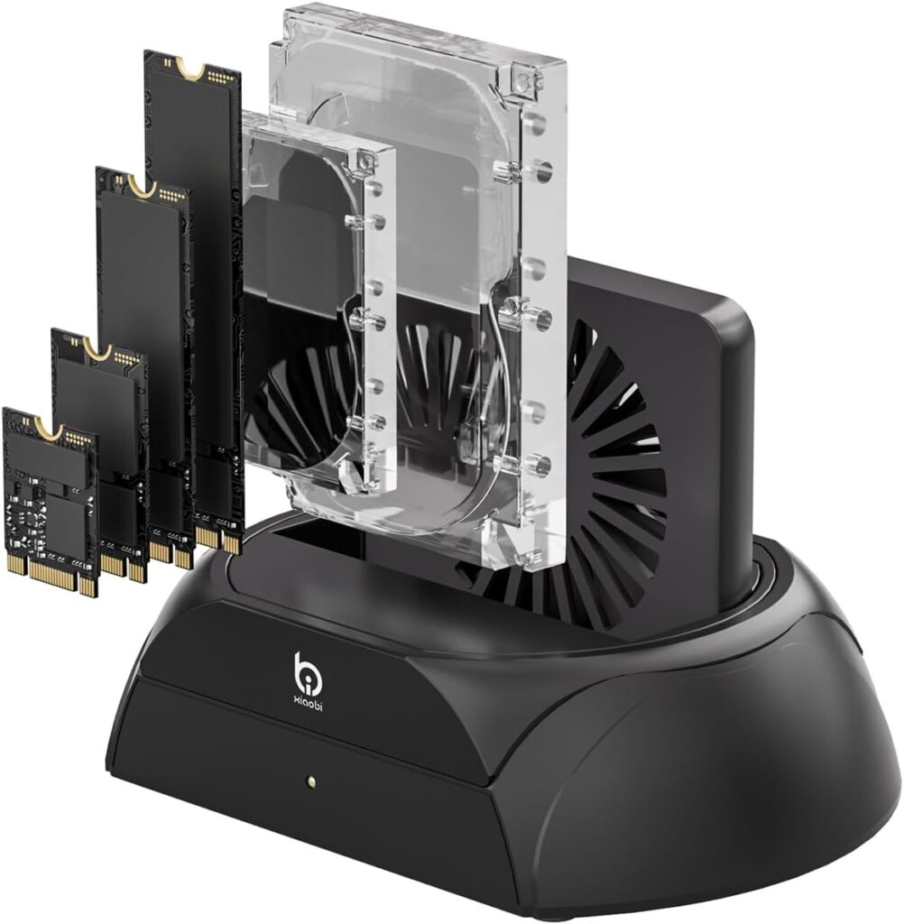 Hard Drive Docking Station, Pcie NVMe Adapter with Cooling Fan Superior Cooling Efficiency, External Hard Drive Reader Compatible with M.2 NVMe/SATA SSD & 2.5″ and 3.5″ SATA HDD SSD