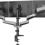 HUANUO Triple Monitor Stand – Full Motion Articulating Monitor Mount Fit Three 17 to 32 inch Flat/Curved LCD Computer Screens with Clamp, Grommet Kit, Silver