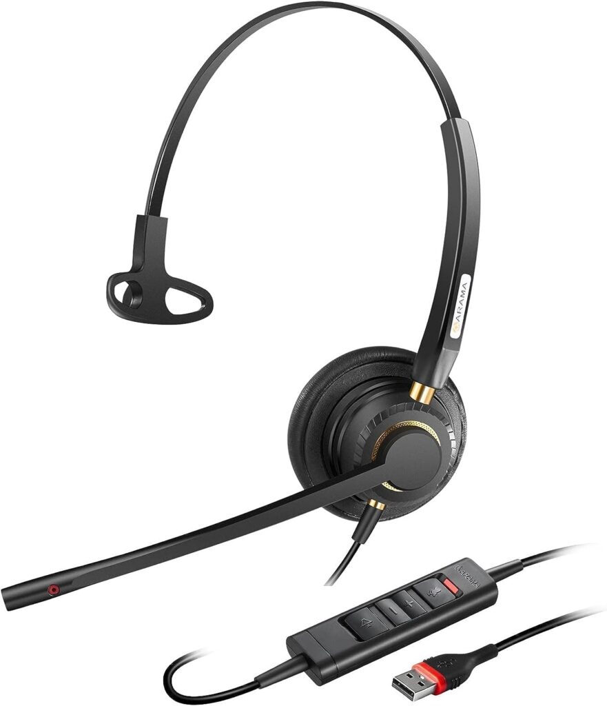 Arama USB Headset with Microphone Noise Cancelling & Audio Controls Ultra Comfort Headphone for Computer Laptop Pc Business Skype UC Webinar Call Center Office (with a USB C Adapter)