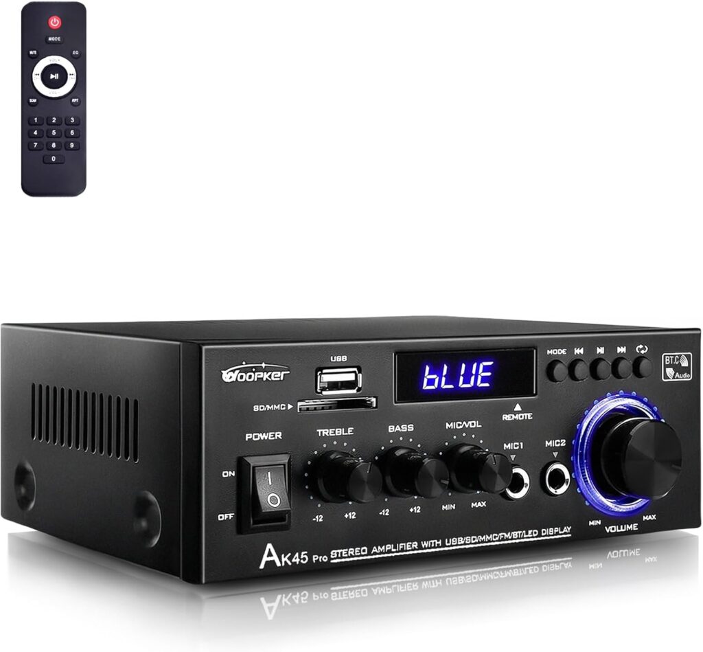 AK45 Pro Amplifier Home Audio Stereo Receivers with Bluetooth 5.0,Max 400W,2.0 Channel Stereo Amplifier System for Home Theater Speakers, Karaoke,Garage,Home Amp with USB,SD,RCA,2 MIC in