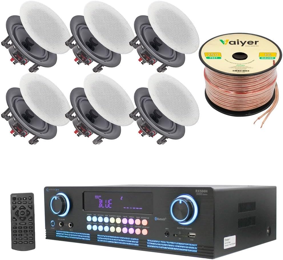 Home Theater System Kit 2000 Watts Bluetooth Amplifier with 6 Qty 5.25″ 175 Watts in-Wall in-Ceiling Frameless Speakers & 16 Gauge 250 ft. Speaker Wire by Technical Pro