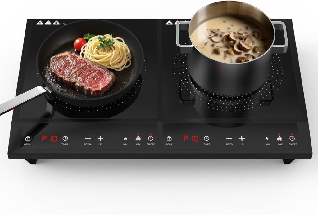 Double Induction Cooktop,Portable Induction Cooker with 2 Burner Independent Control,Ultrathin Body,10 Temperature,1800W-Multiple Power Levels,3 Hour Timer,Safety Lock