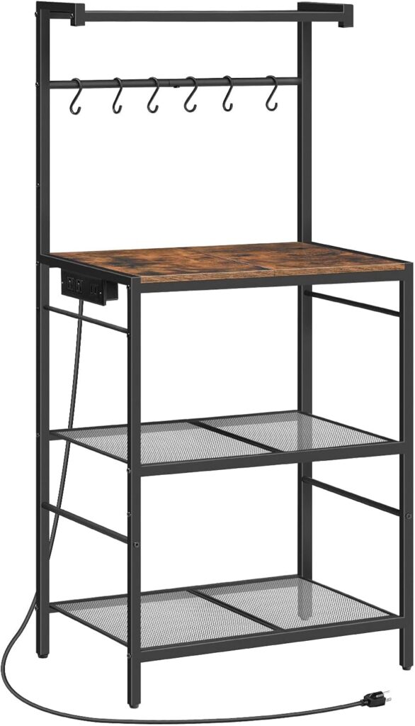 Bakers Rack with Storage, Microwave Stand with Power Outlet, Kitchen Storage Shelf with 6 Hooks, Coffee Bar Station 4 Tier, for Kitchen, Dining Room, Rustic Brown BRHR35E01