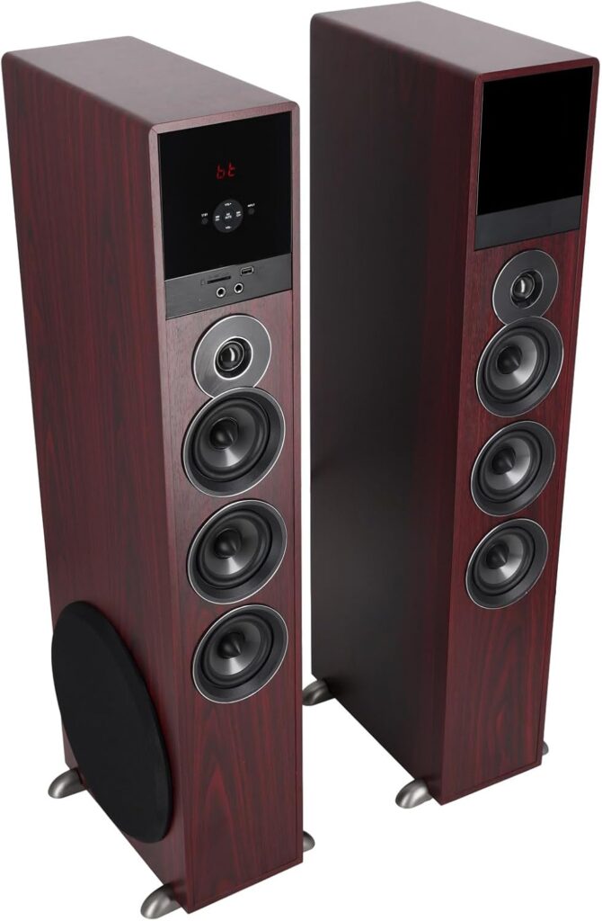 Rockville TM150C Powered Home Theater Tower Speaker System, Cherry Wood, 1000W, 10″ Subwoofers, Bluetooth, USB/SD Playback, FM Radio, Remote Control, Karaoke Ready, Perfect for Home Entertainment