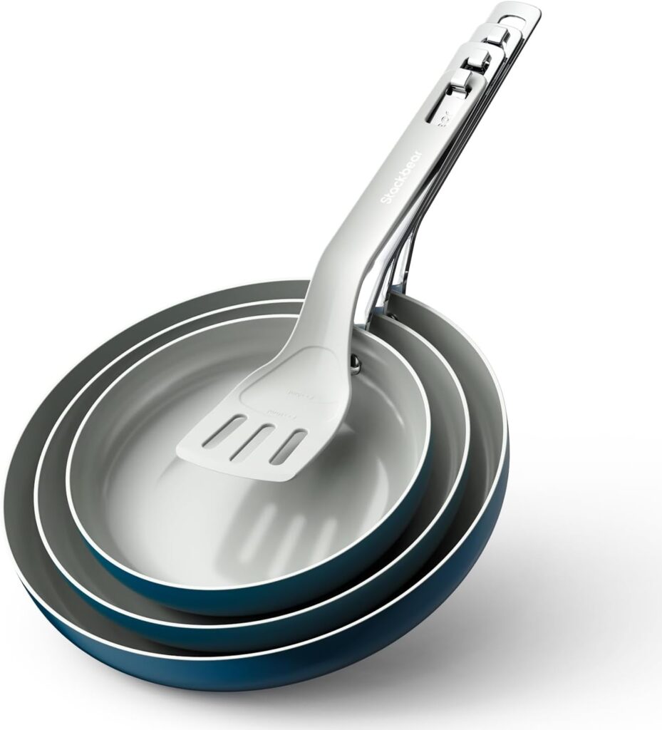 Ceramic Non Stick Frying Pans with Spatula, Float Stack Induction Cookware, 8″/9.5″/11″ Nonstick Frying Egg Pan, PFAS/PTFE/PFOA- Free, Dishwasher & Oven Safe, Great Skillet for Meal Prep