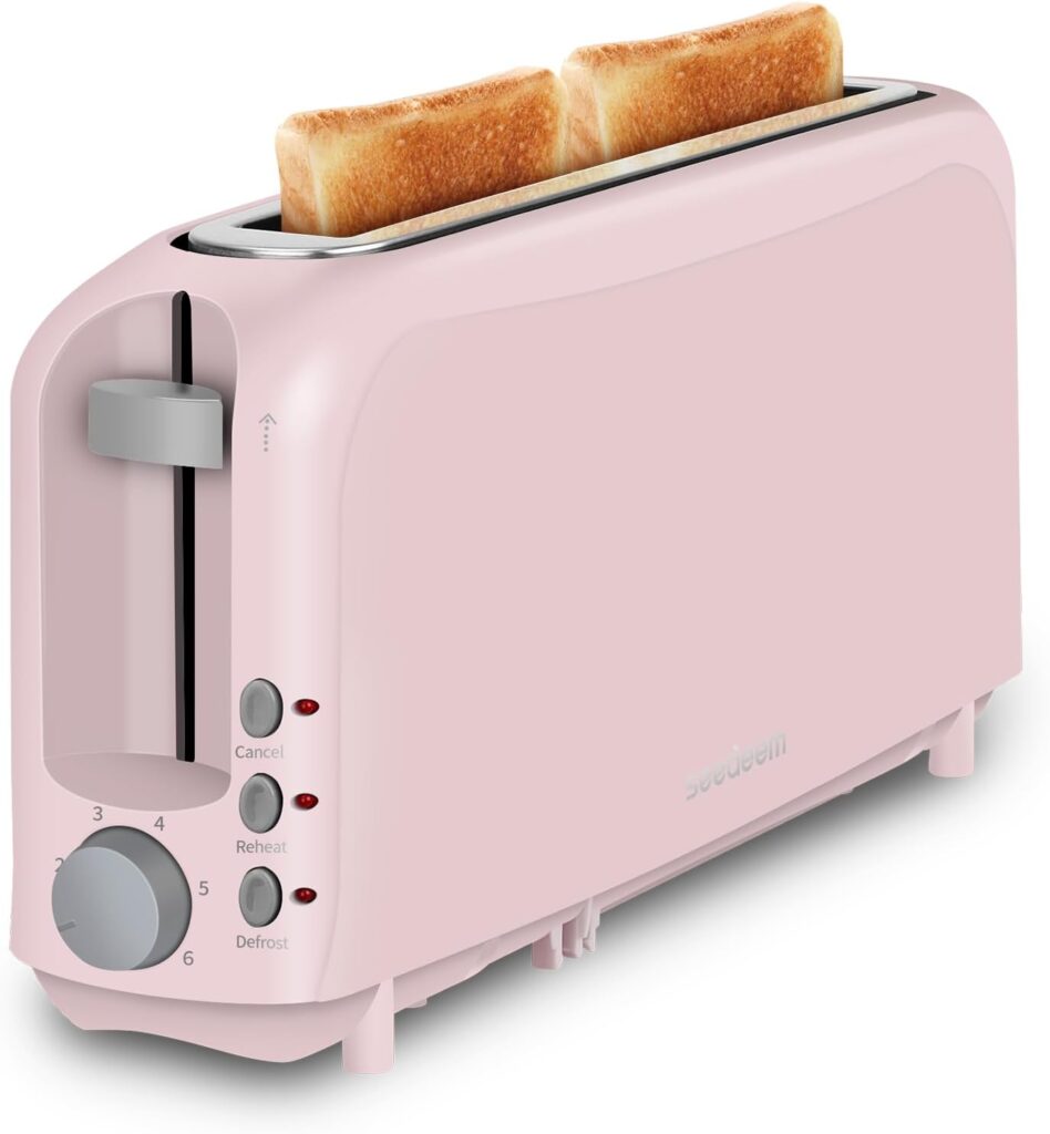 SEEDEEM 2 Slice Slim Toaster, Single 10″ Long Slot Toaster Fits Bagels & Artisan Bread, 6 Shade Settings, Cancel/Reheat/Defrost, Removable Crumb Tray, Auto Shut-Off, Pink