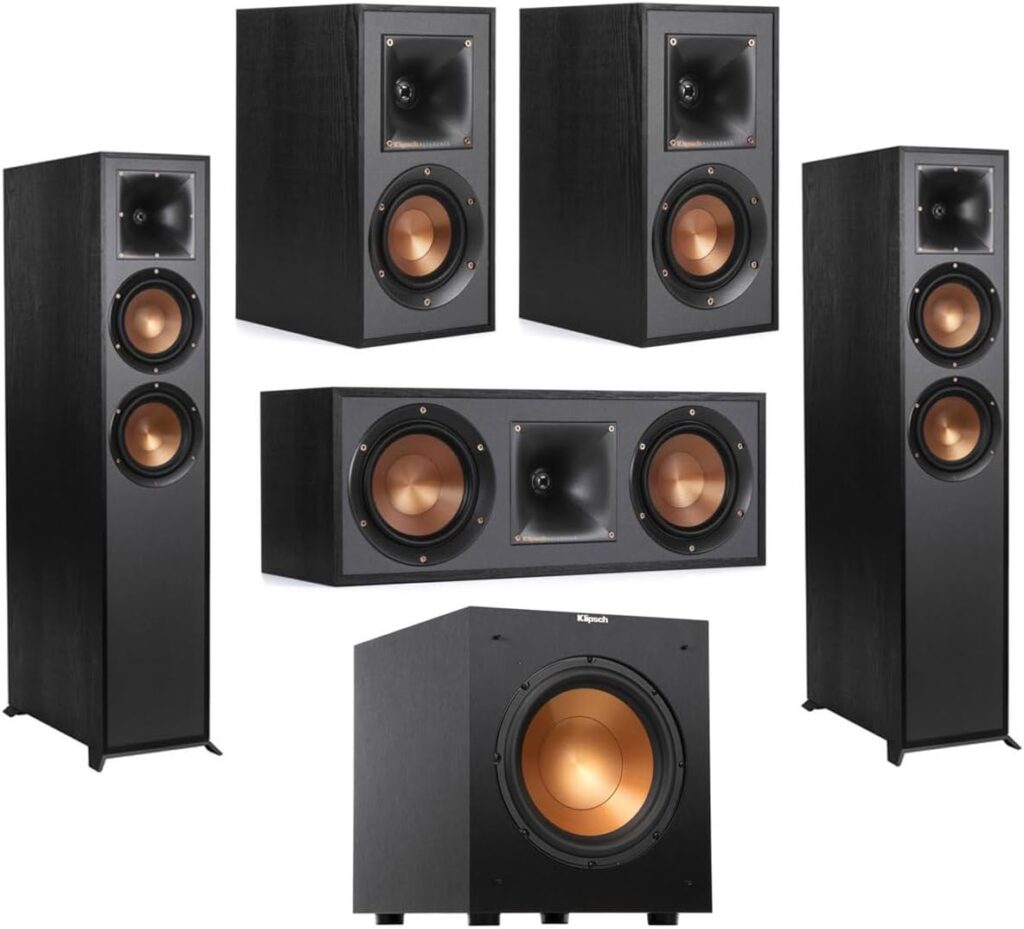 Klipsch Reference R-625FA 5.1 Home Theater Pack, Black, Pair, Bundle with 2X R-41M Bookshelf Speakers, R-52C Center Speaker, R-100SW 10″ 300W Powered Subwoofer