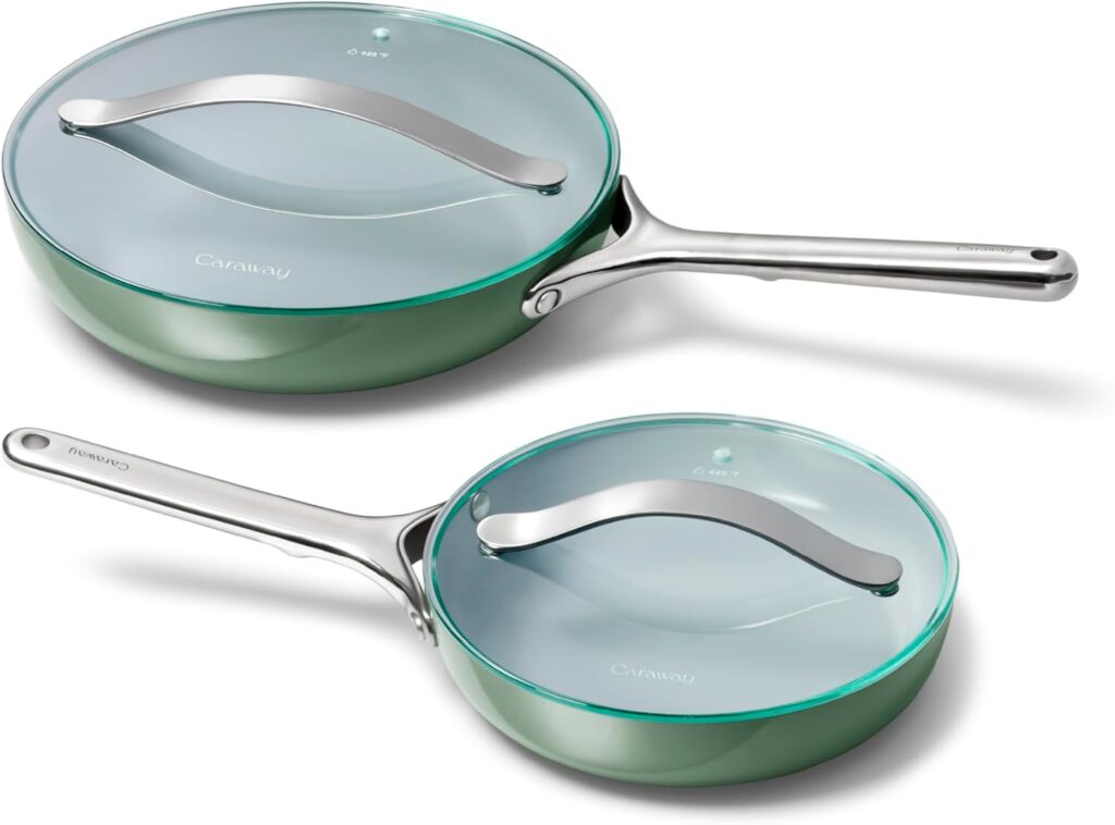 Caraway Ceramic Fry Pan Duo with Glass Lids – Non-Stick Frying Pans (10.5” & 8”) – Non Toxic, PTFE & PFOA Free – Oven Safe & Compatible with All Stovetops – Sage