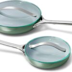 Caraway Ceramic Fry Pan Duo with Glass Lids – Non-Stick Frying Pans (10.5” & 8”) – Non Toxic, PTFE & PFOA Free – Oven Safe & Compatible with All Stovetops – Sage