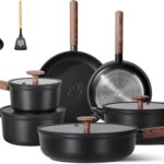 JEETEE Ceramic Cookware Sets 17 pcs, Healthy Pots and Pans Set Non Stick, Induction Kitchen Cooking Set with Removable Handles, Stackable Pots Pans, Oven Safe, PFOA/PFOS Free, Black