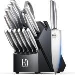 Knife Set Premium, Japanese 14 Pcs Kitchen Knife Block Set Enduring Razor Sharp High Carbon Stainless Steel, Black Chef Knives Set with Built-in Sharpener and Quality Acacia Wood Block