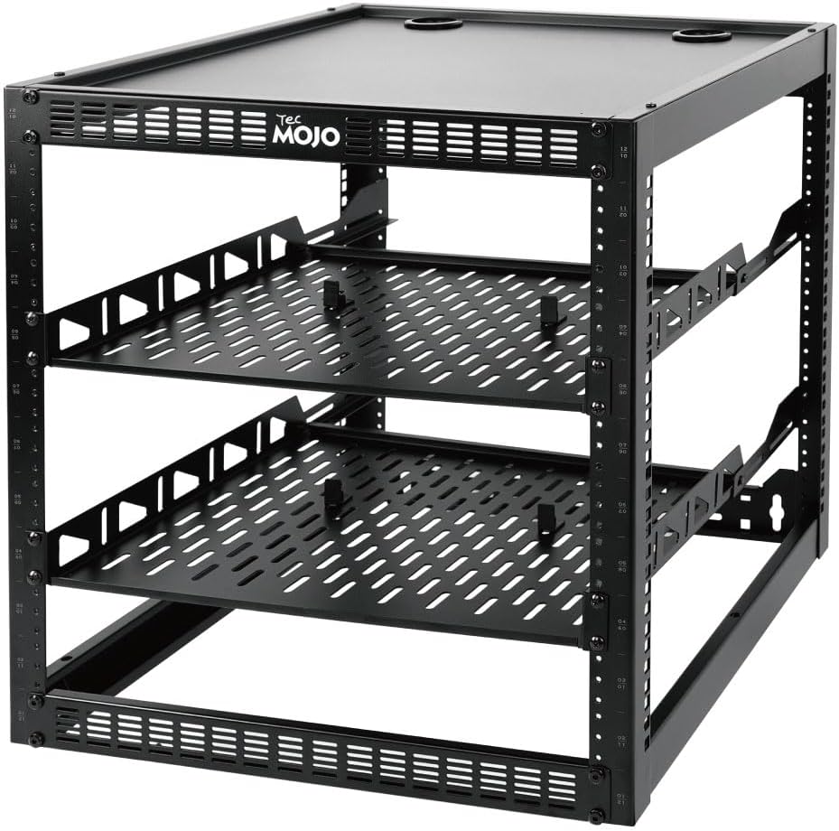 Tecmojo 12U Open Frame Network Rack for IT & AV Gear, AV Rack Floor Standing or Wall Mounted,with 2 PCS 1U Rack Shelves & Mounting Hardware,Network Rack for 19″ Networking,Audio and Video Device