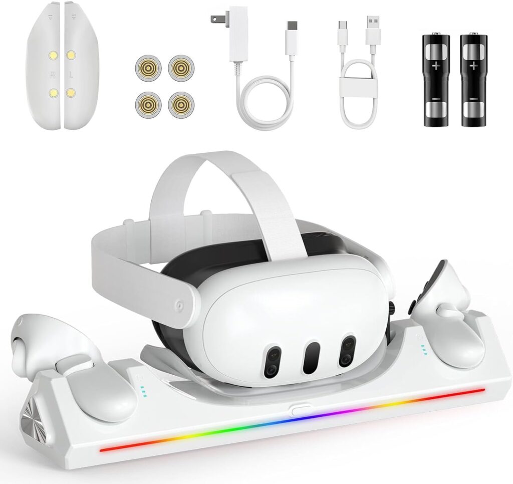 Charging Dock for Oculus/Meta Quest 3S,Oculus/Meta Quest 3 Magnetic Charging Station for VR Headset Controllers,with 2 Rechargeable 2100mAh Batteries, USB-C Charger, LED Indicator