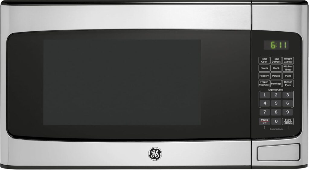 GE GCST11X1WSS Microwave Oven, 950-watt 6 Auto Cooking Settings, Child-Lock Technology, Kitchen Essentials for The Countertop, Dorm Room or Apartment, 1.1 Cu. Ft, Stainless Steel