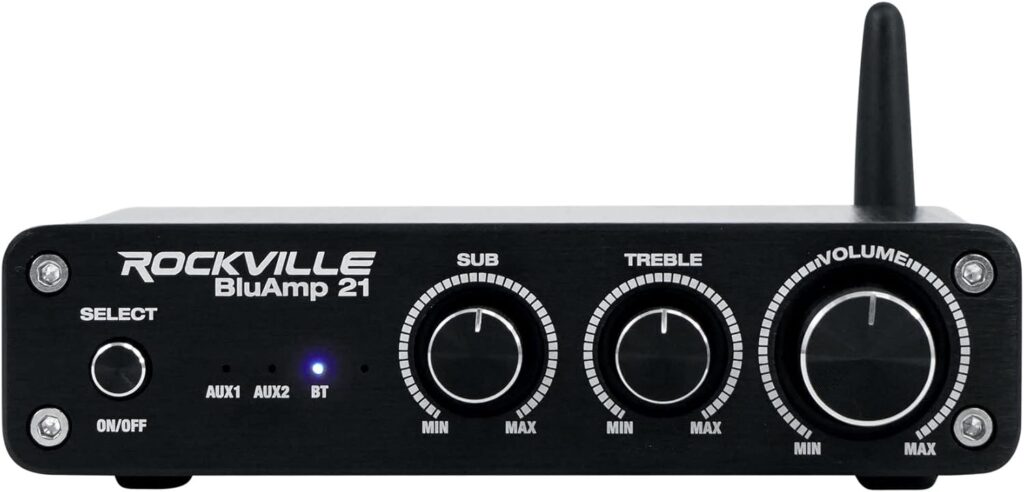 Rockville BLUAMP 21 Black 2.1 Channel Bluetooth 5.1 Class-D Home Audio Amplifier Receiver, 2x40W+70W RMS, 24V 4A Power Supply, Compact Design, for Home Theater and Music