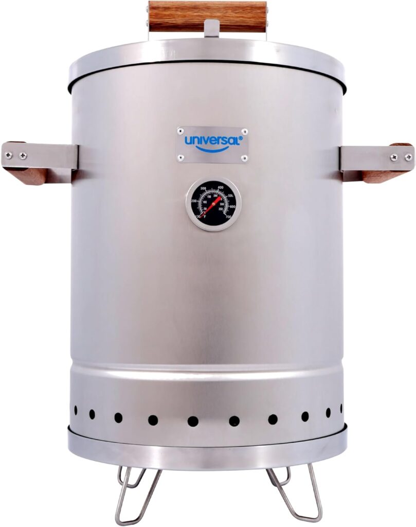 Universal (6-pound) Stainless Steel (Small) Charcoal Barrel Smoker with Thermometer & Airlock system – 16.5″x 21.18″ x ⌀11.81″, 2 in 1 Vertical Smoker – Grill and Smoker, 6-serving Slow Cooking Smoker